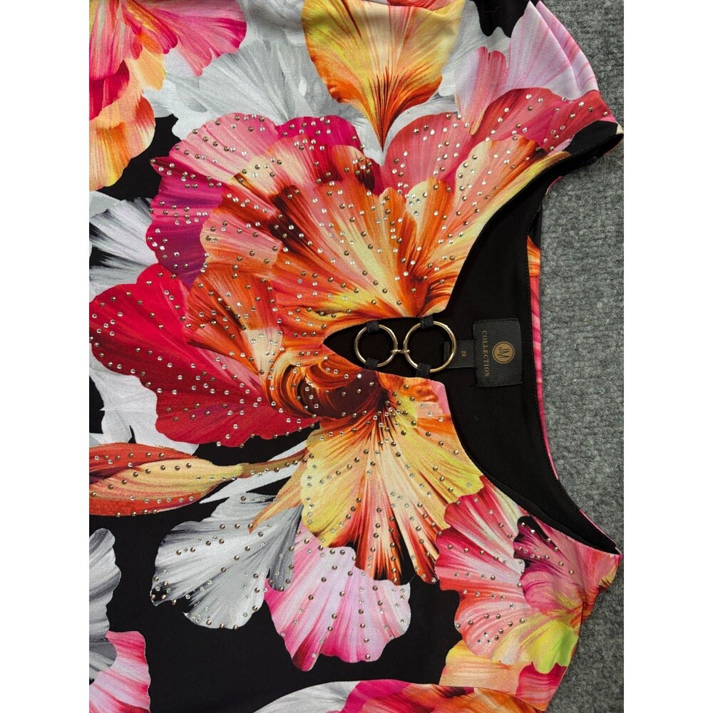 JM Collection Top Womens 2 X Black Floral Long Sleeve Rhinestones Blouse - Picture 2 of 6
